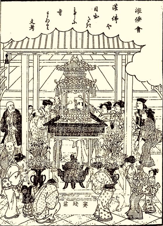 Worshipers celebrate kanbutsue by decorating a hanamidō with peonies in a print from the Tōtosaijiki, a work recording different seasonal events in Edo (now Tokyo). (Courtesy National Diet Library)